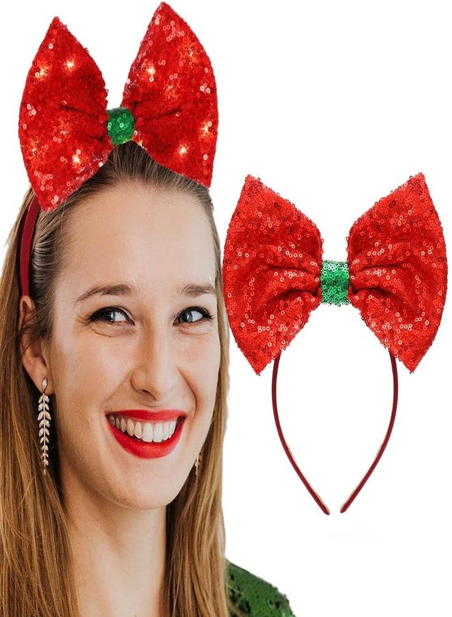 Firuilo Light Up Christmas Bow Headbands LED Valentine's Day Hair Bands Red Sequins Bowknot Hair Accessories for Women - Image 2